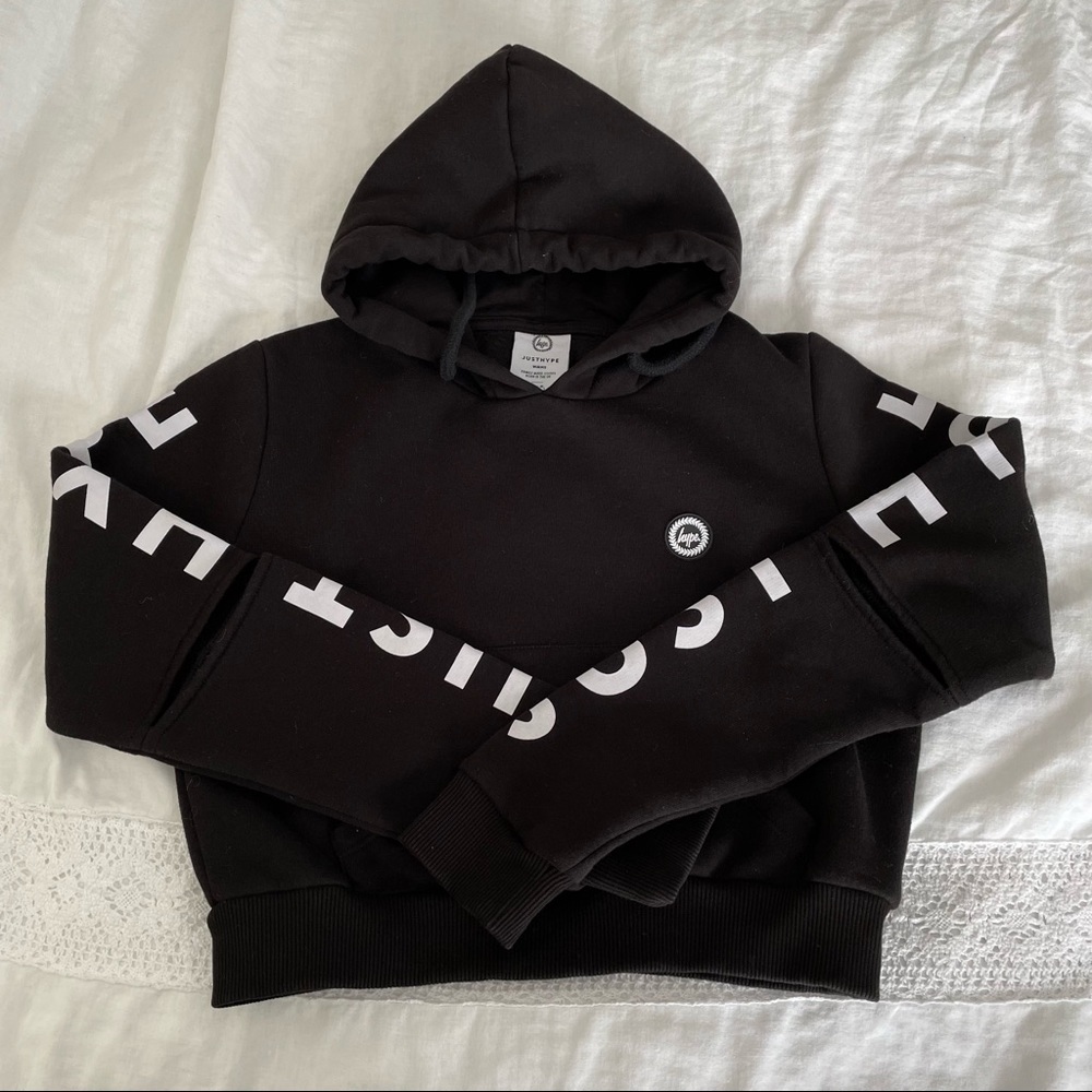 Just Hype Sz UK 6 (US S) Hoodie Street Style Black Logo Elbow slits cropped
